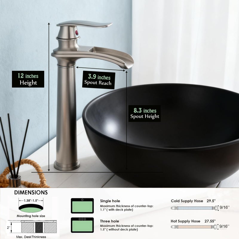 Beelee Waterfall Spout Commercial Bathroom Vessel Sink Faucet Single Handle One Hole Deck Mount Brushed Nickel Lavatory Mixer Tap - Image 3